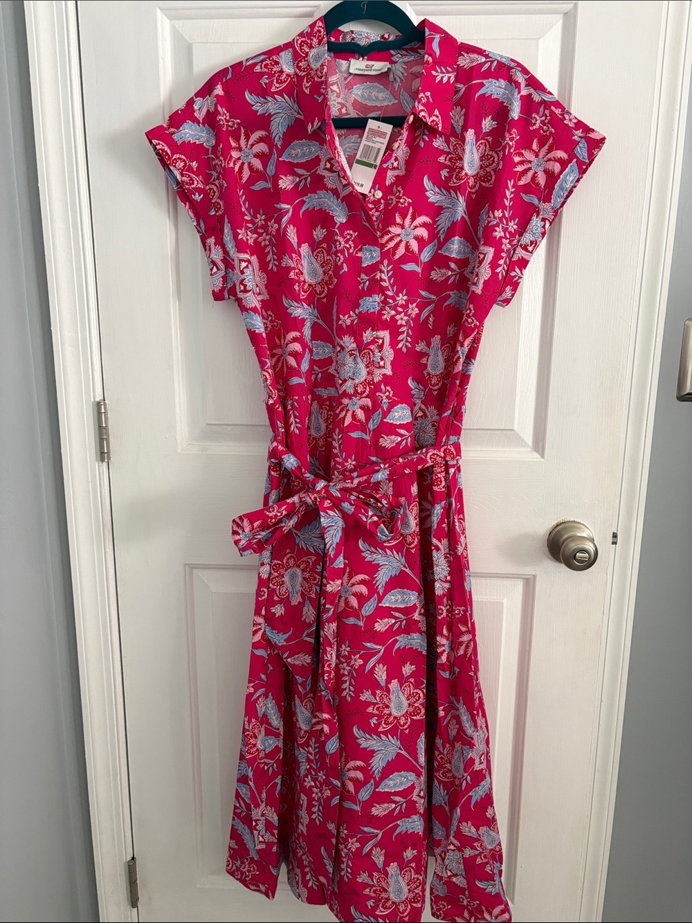 Vineyard Vines Pink Bandanna Floral Button-Front Tie Midi Dress